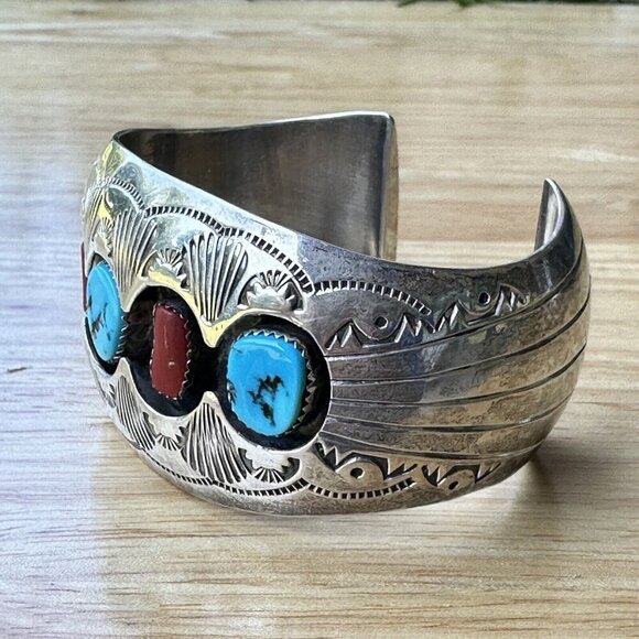 VTG Navajo Pauline Benally Size 6.25 Bracelet Turquoise Coral Sterling 52.2g - Picture 3 of 9